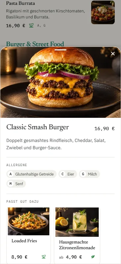 Gäste-Ansicht in QR Table am Handy mit einem Gericht und passenden Empfehlungen