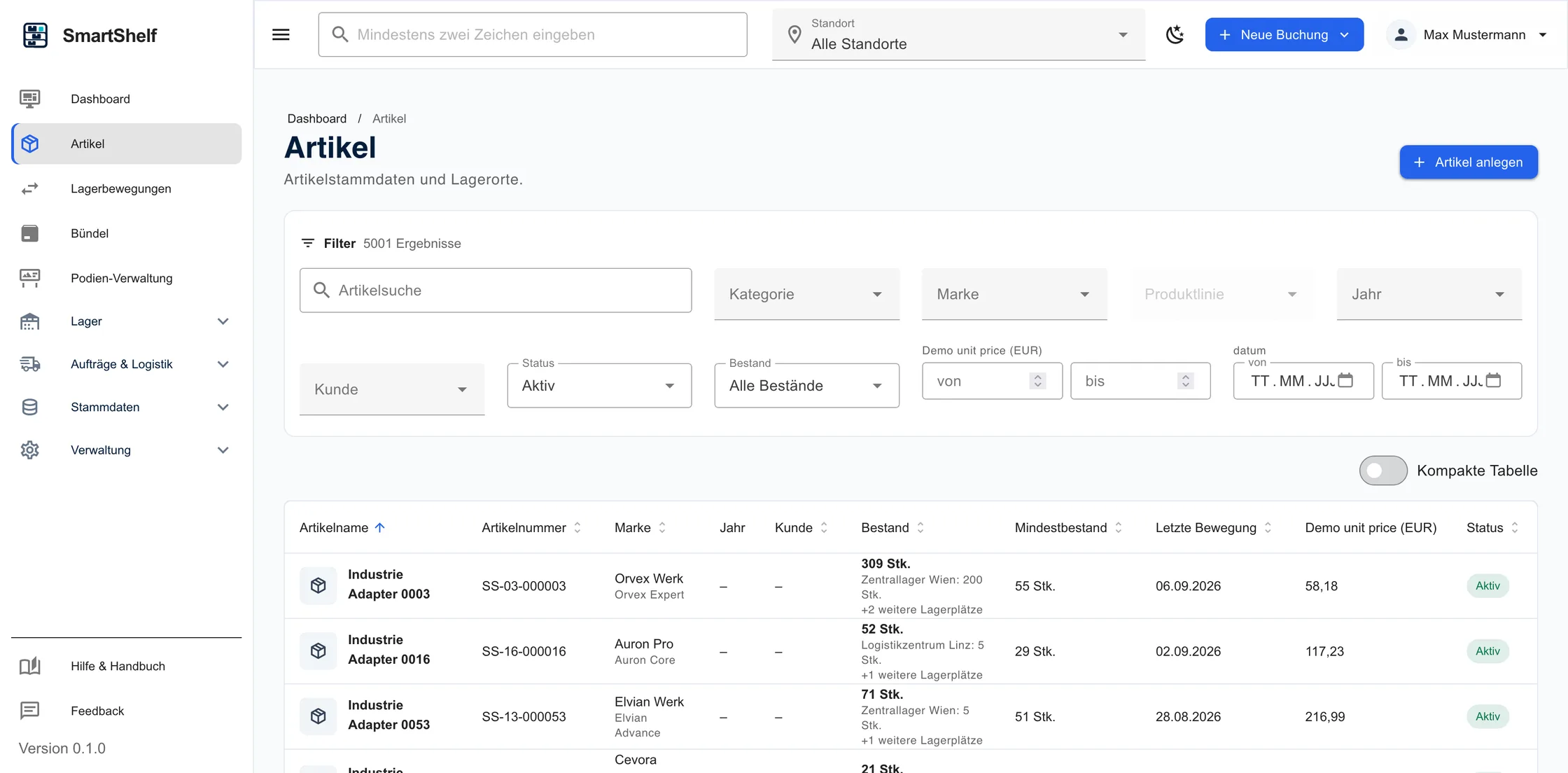 Artikelverwaltung in SmartShelf mit Artikelliste, Beständen und Detailangaben