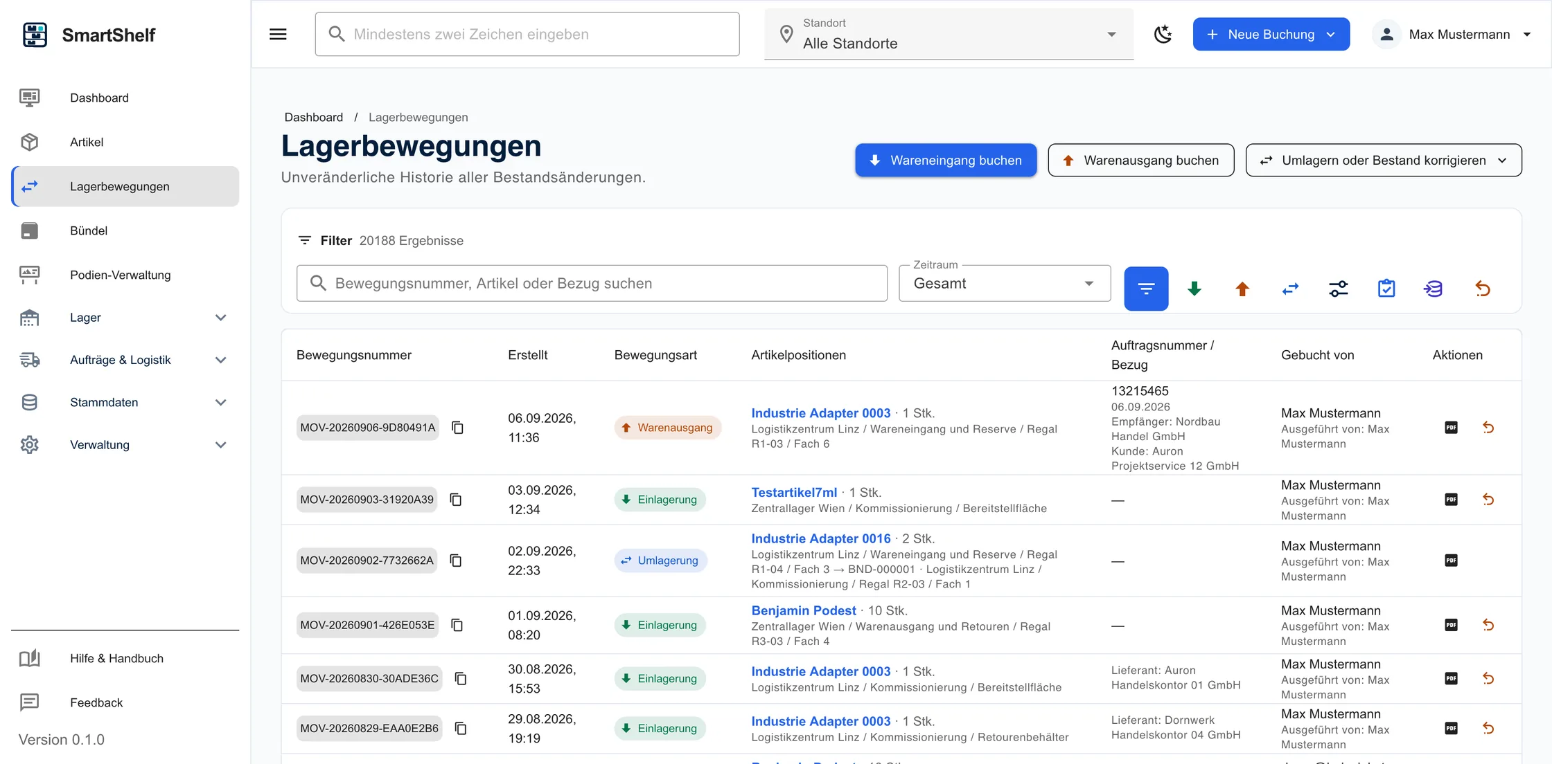 Bewegungshistorie in SmartShelf mit chronologischer Liste aller Lagerbuchungen