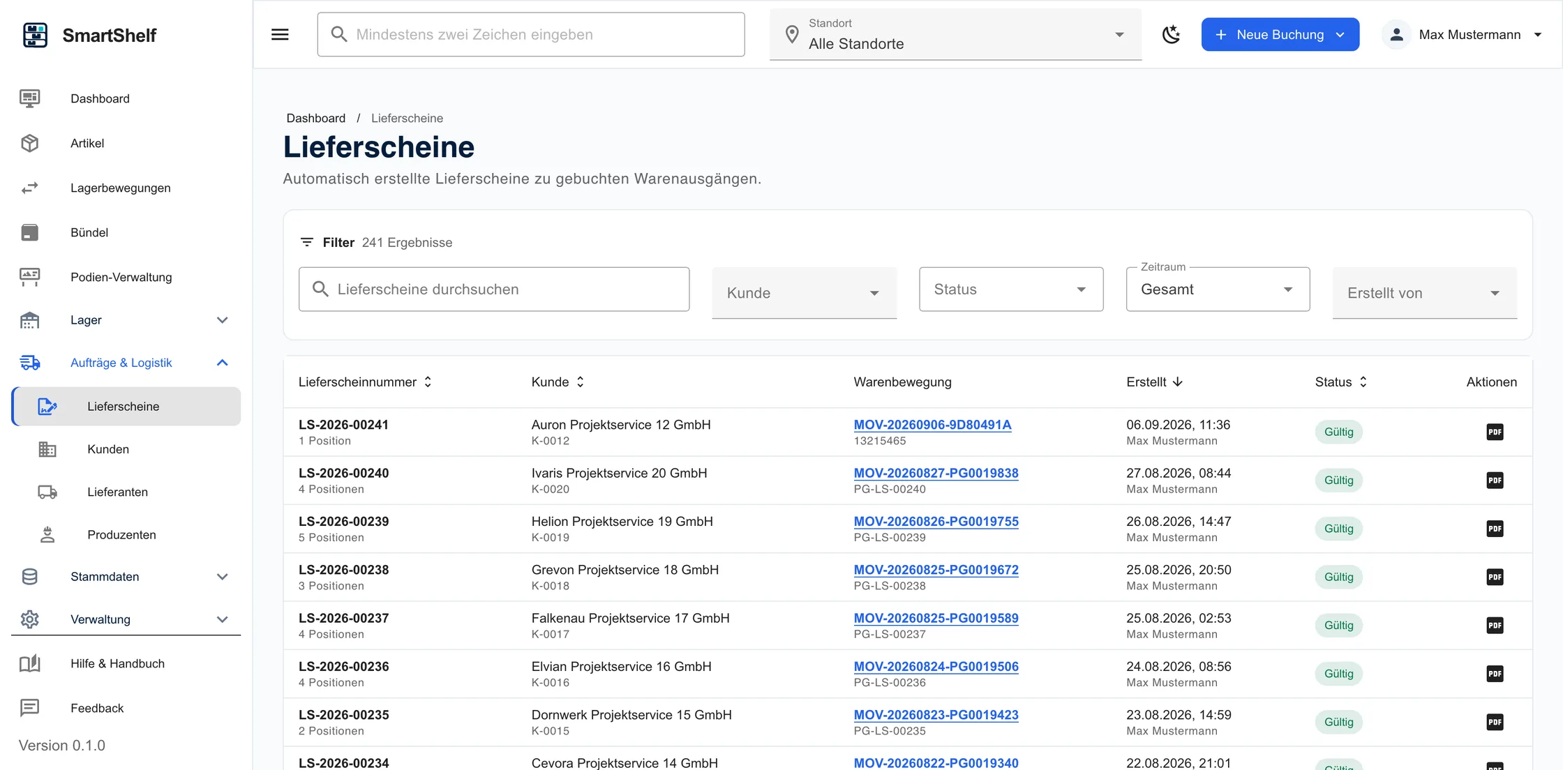 Lieferschein-Ansicht in SmartShelf mit Positionen und Belegdaten