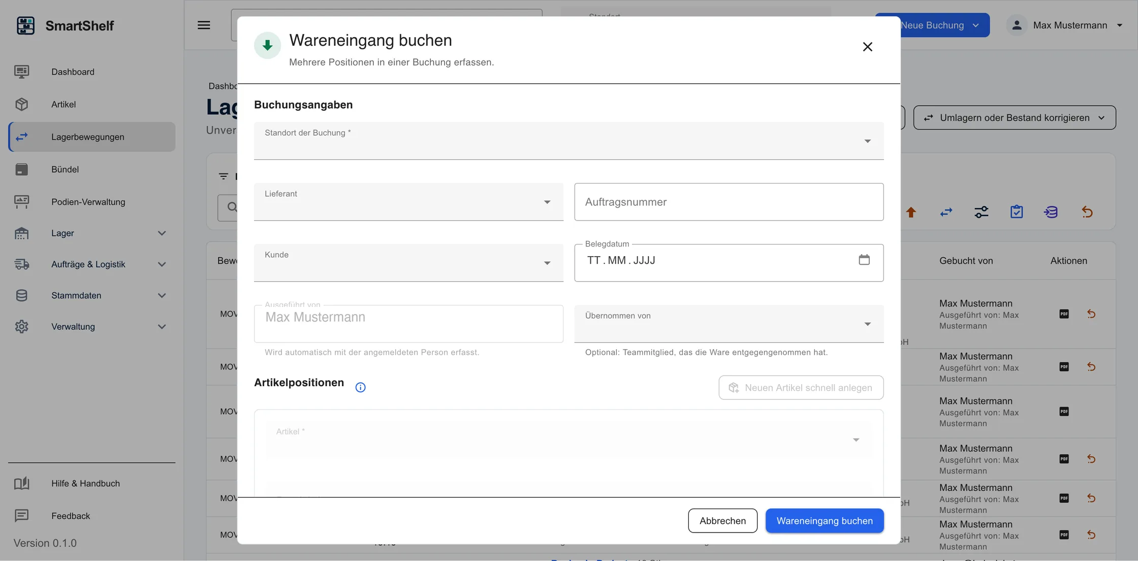 Buchungsmaske für den Wareneingang in SmartShelf