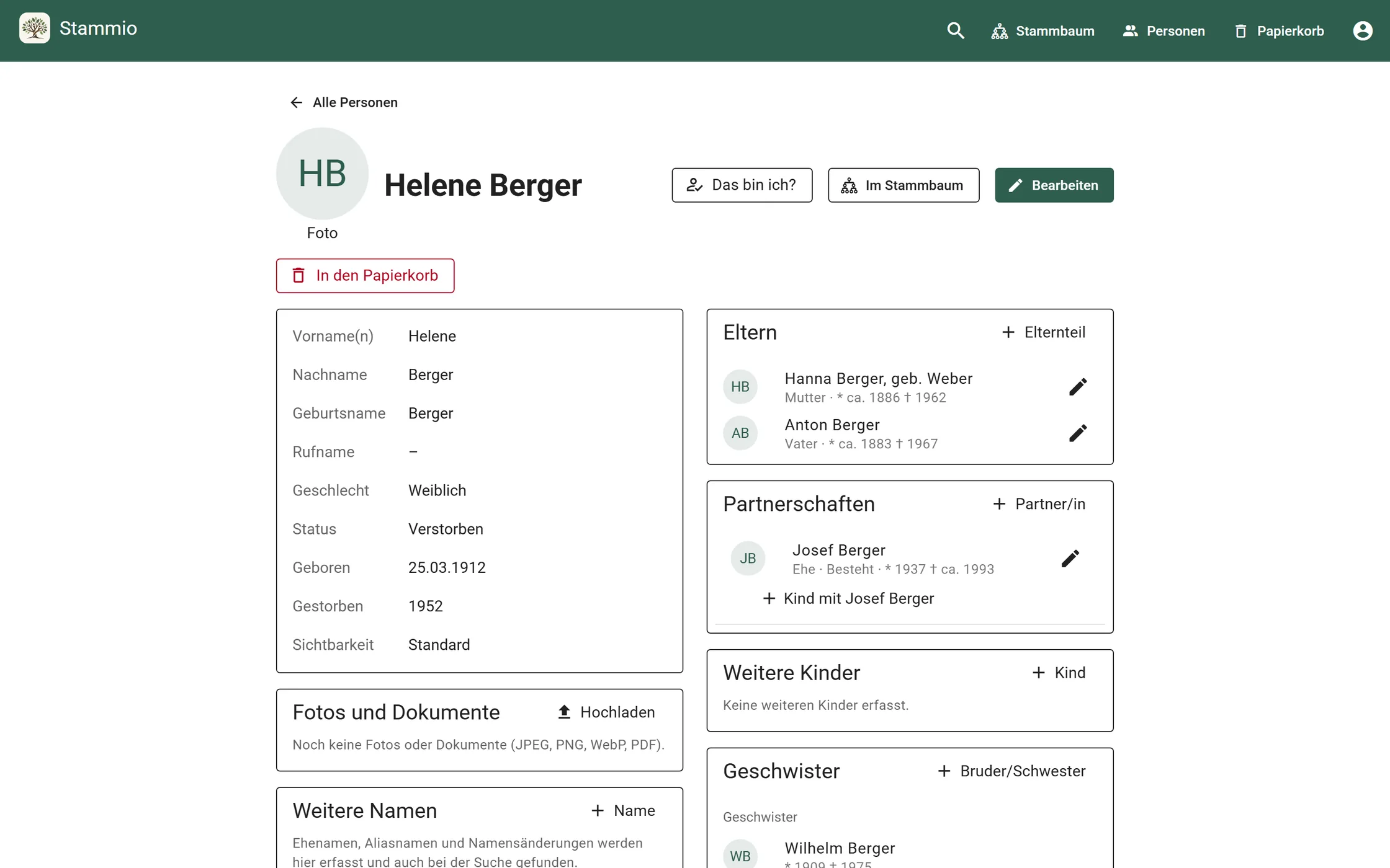 Personenseite in Stammio mit Lebensdaten, Eltern, Partnerschaften und Geschwistern (synthetische Beispieldaten)